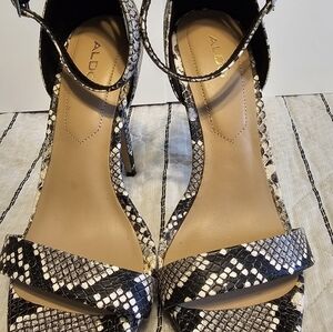 Aldo Black and Cream Snake Pattern 1" Platform, 5"Heels, Size 6, Ankle Strap